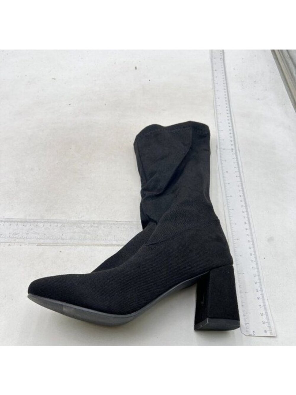 Black Women Square Toe Chunky Mid Heel Mid Calf Boots Pull On Dress Shoes